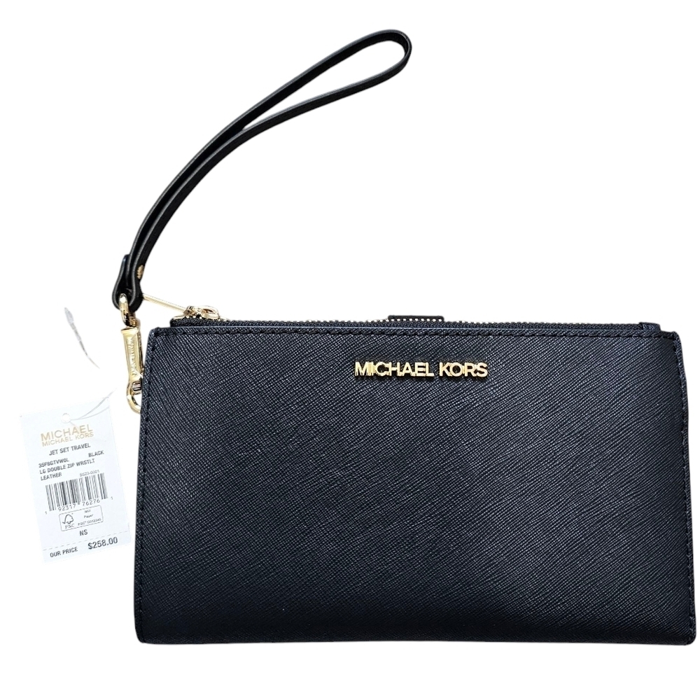 Michael Kors Black Jet Set Travel, LG Double Zip Wristlet Leather, New With Tags